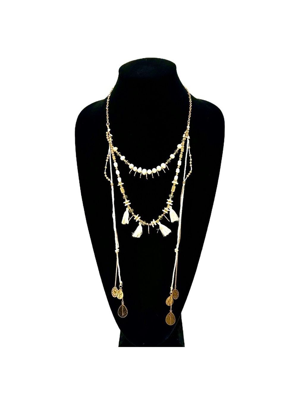WHITE HOUSE BLACK MARKET Boho Luxe White & Gold Teardrop Layered Necklace | NWT - Picture 1 of 11